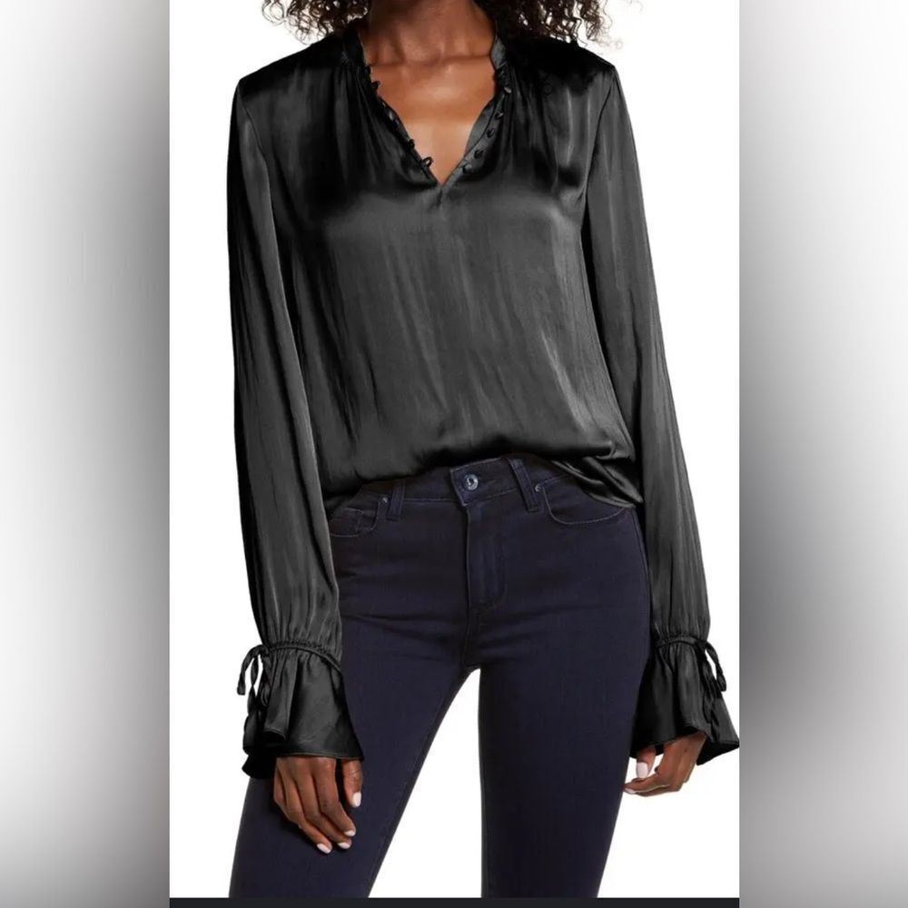 PAIGE Black V-Neck Satin Blouse Medium